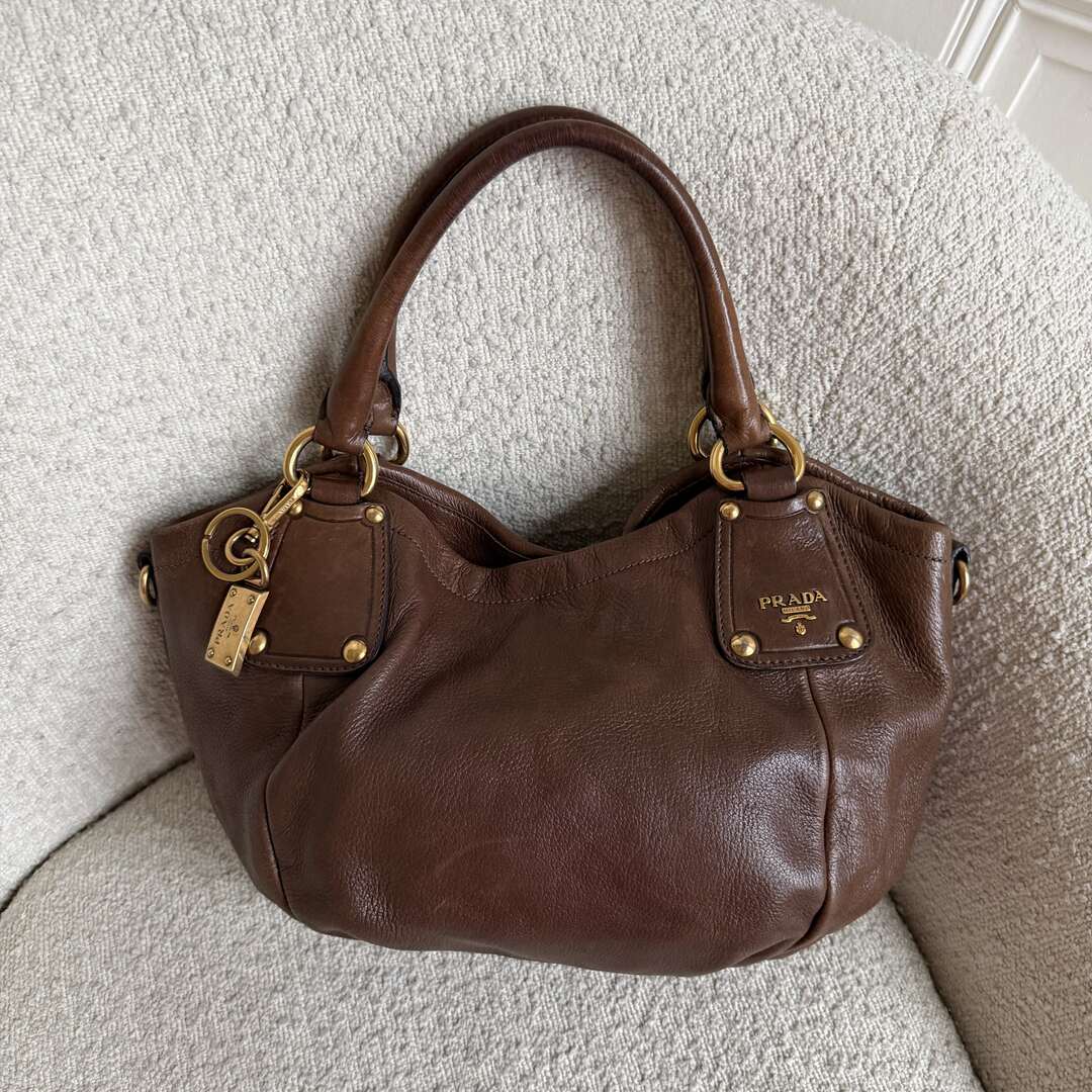 2009 Prada Cervo Shine Brown Leather Shoulder Bag