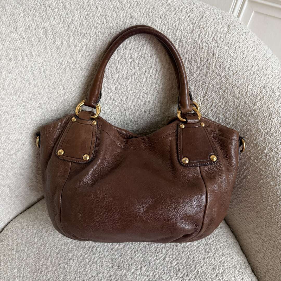 2009 Prada Cervo Shine Brown Leather Shoulder Bag