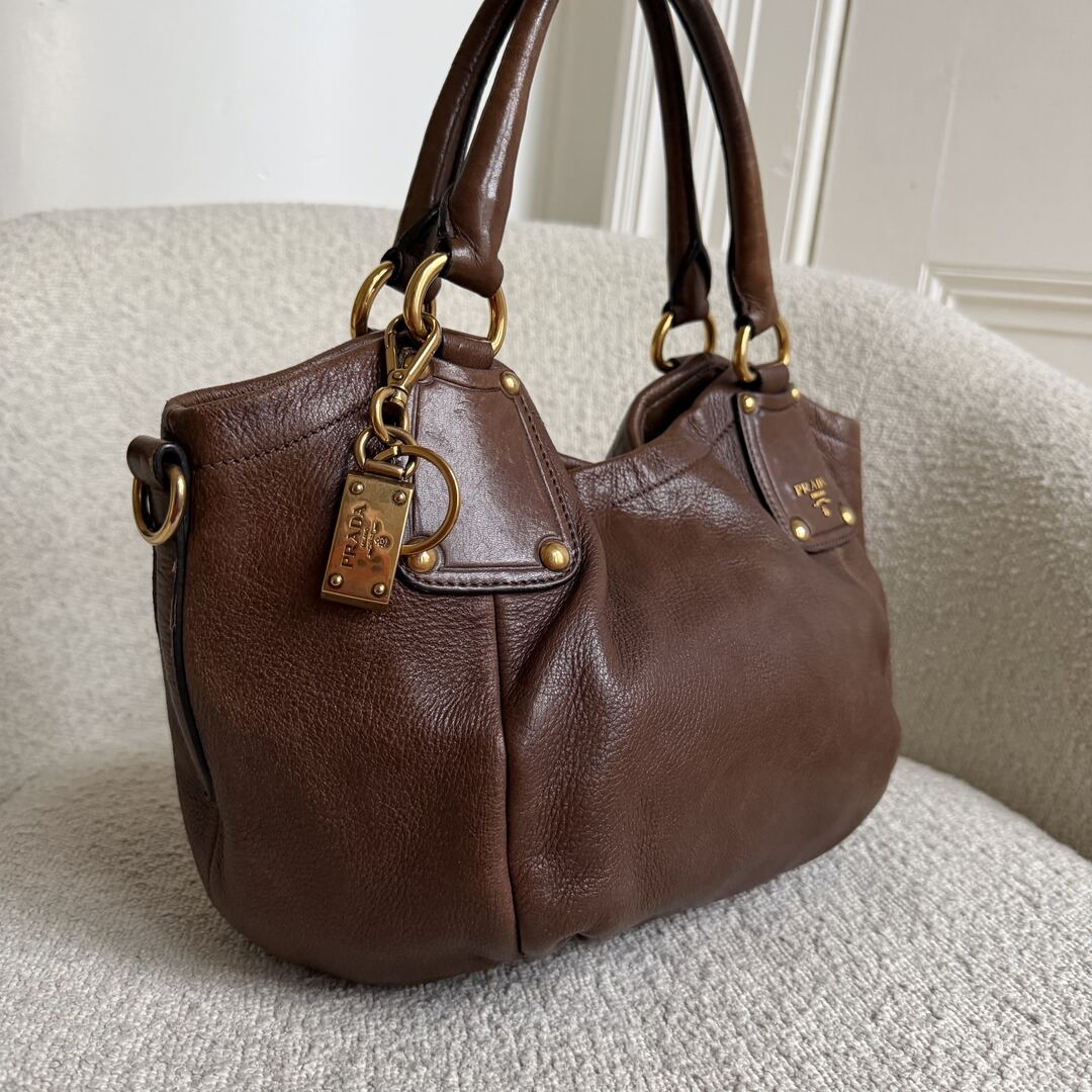 2009 Prada Cervo Shine Brown Leather Shoulder Bag