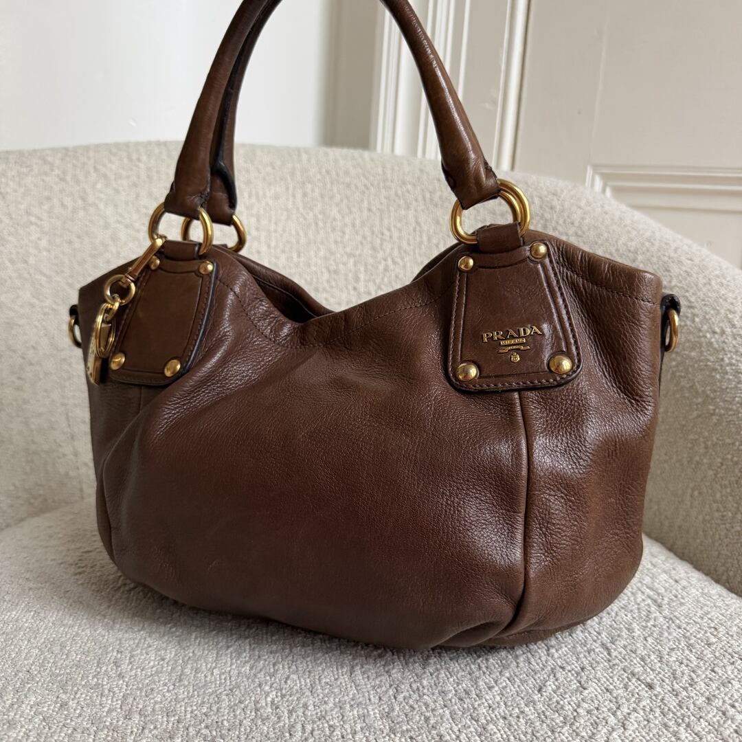 2009 Prada Cervo Shine Brown Leather Shoulder Bag