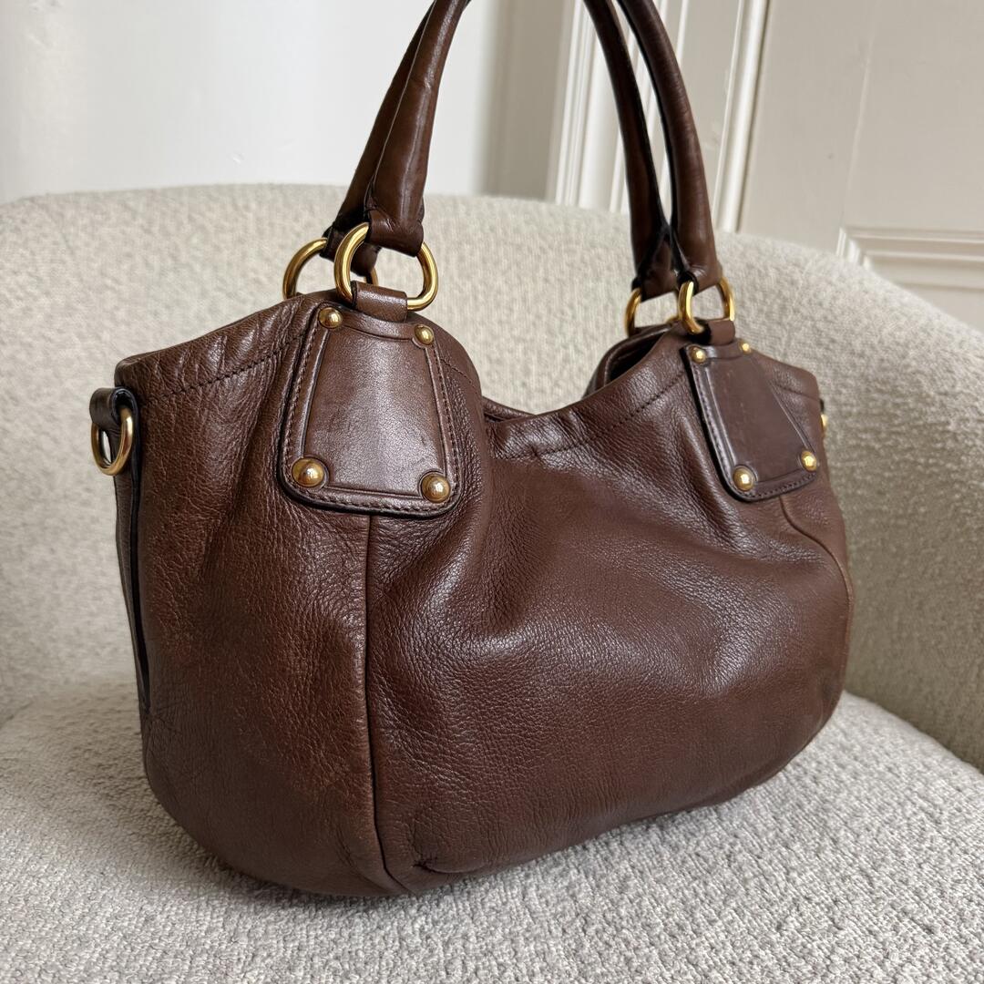 2009 Prada Cervo Shine Brown Leather Shoulder Bag