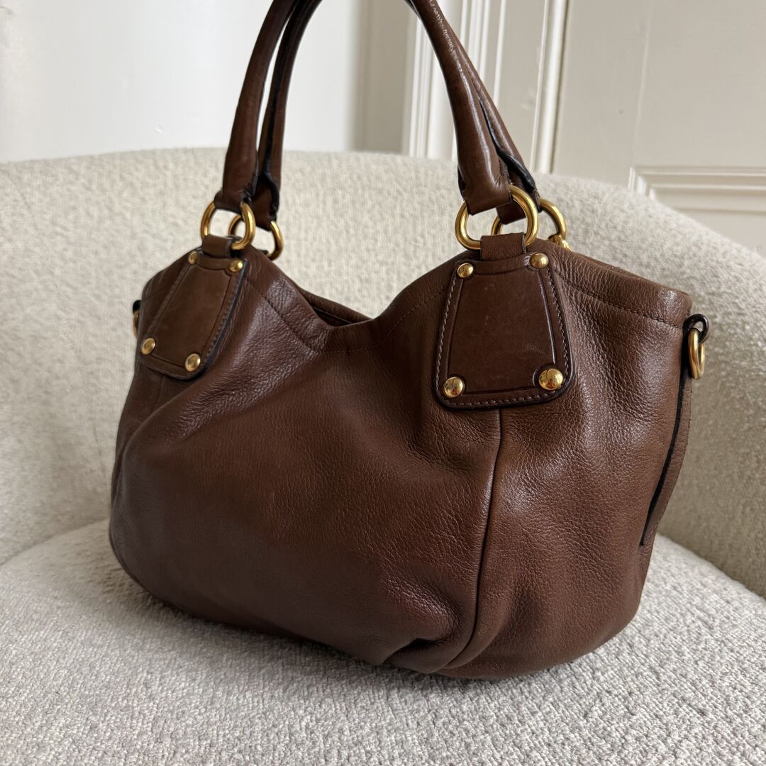 2009 Prada Cervo Shine Brown Leather Shoulder Bag