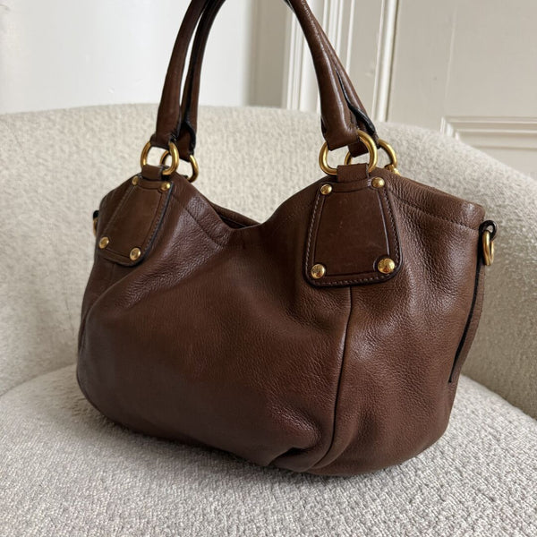 2009 Prada Cervo Shine Brown Leather Shoulder Bag