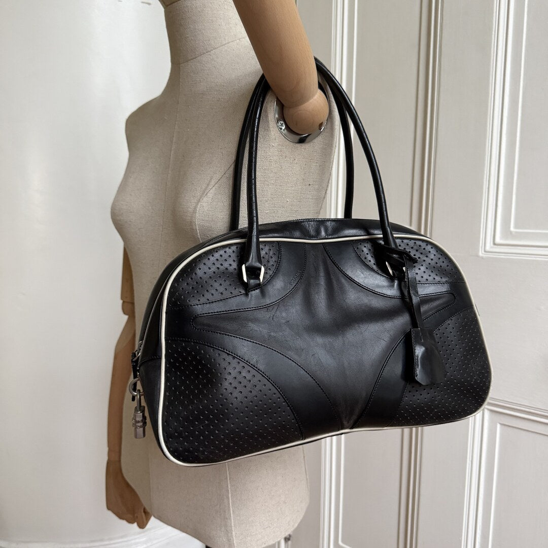 2000 Prada Vitello Bowling Black Leather Handbag
