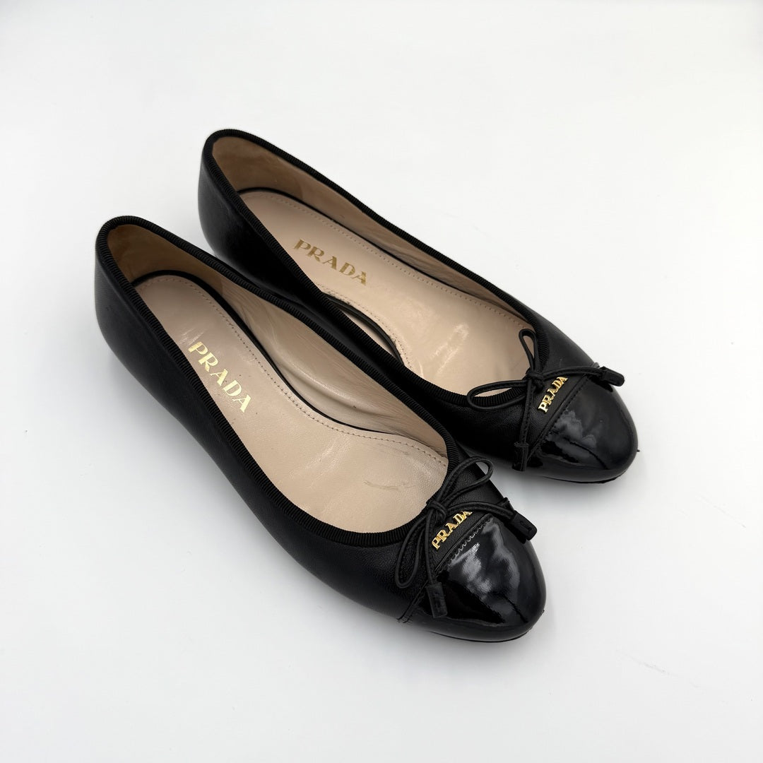 Prada Bow Black Leather Ballet Flats