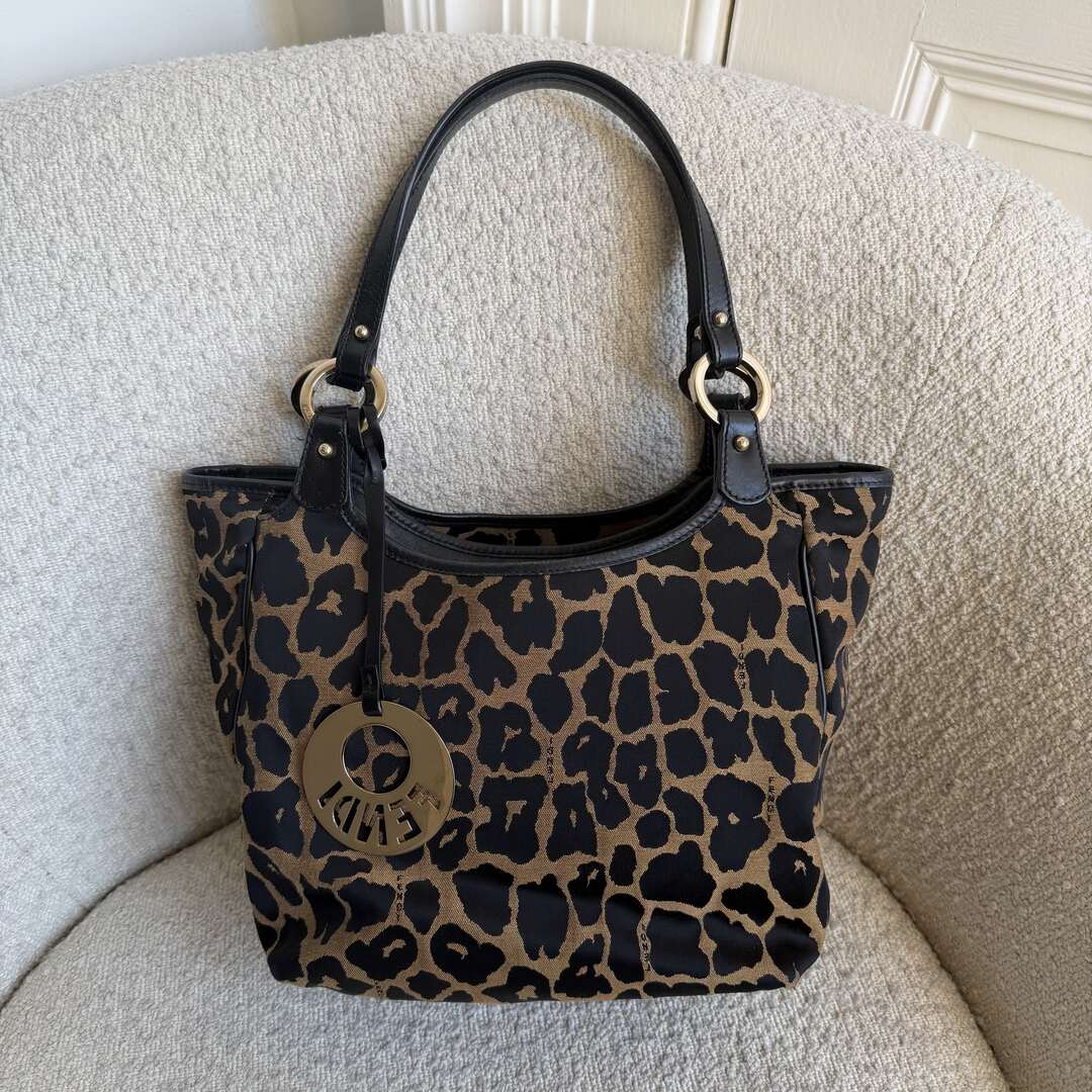 Fendi Chef Leopard Canvas Shoulder Bag