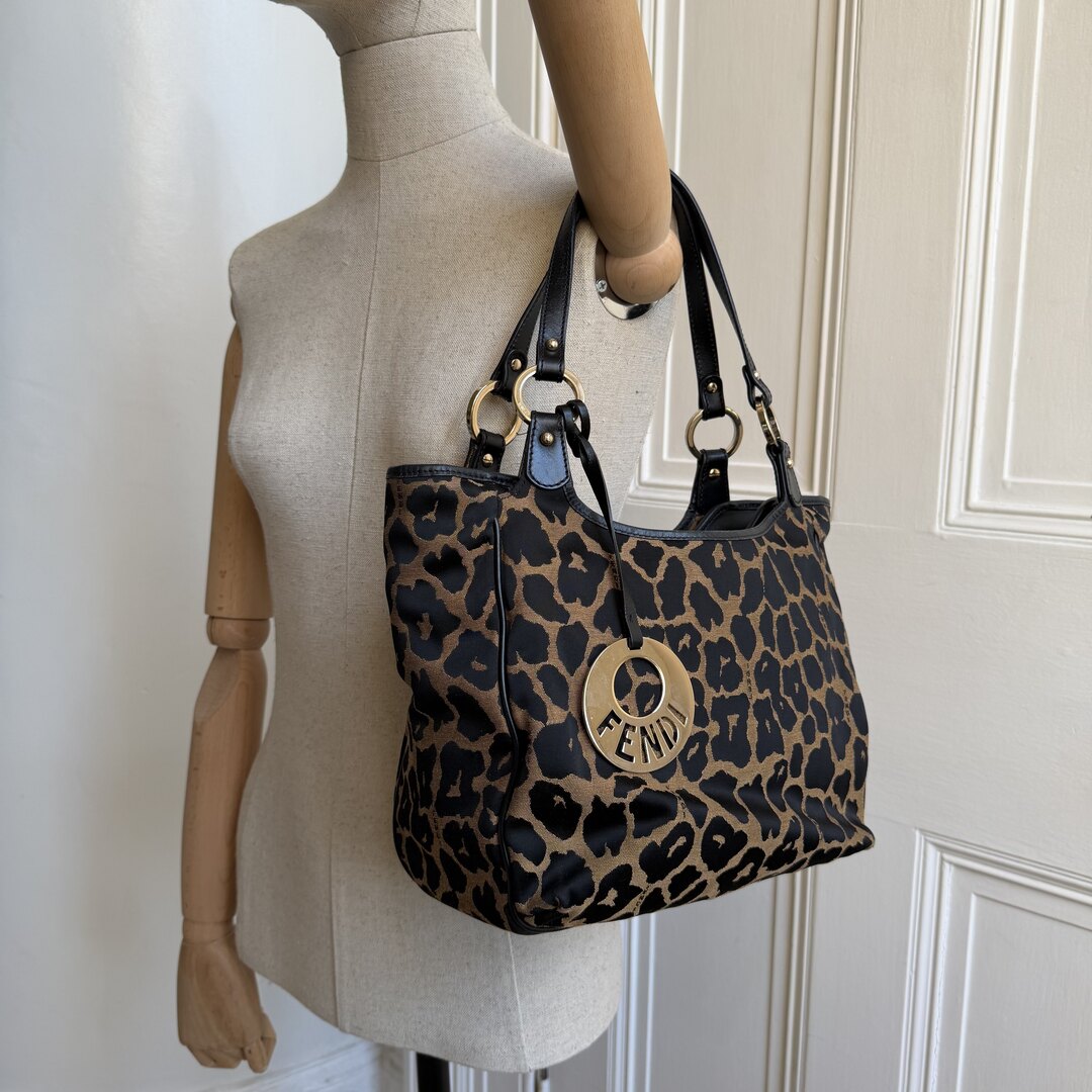 Fendi Chef Leopard Canvas Shoulder Bag