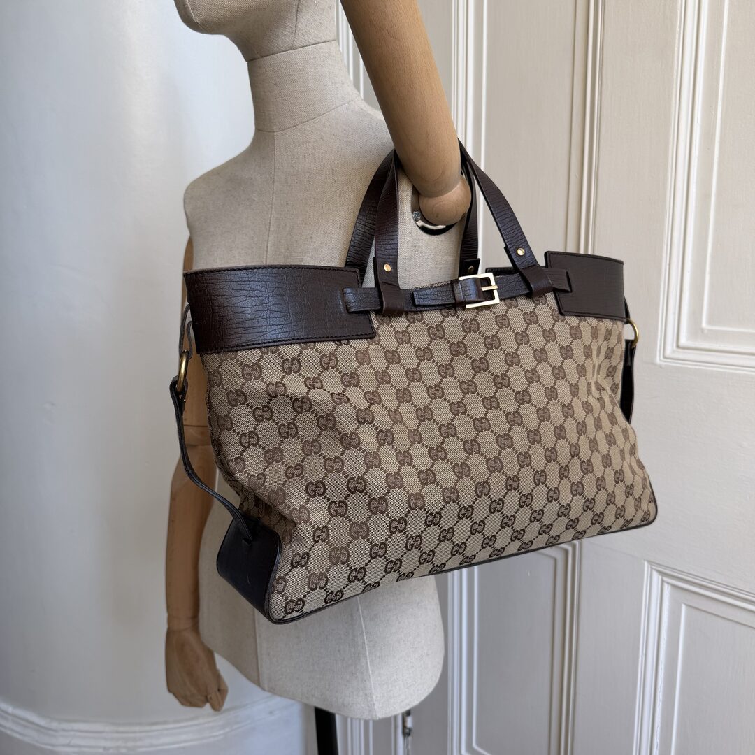 Gucci GG Canvas Belted Brown Tote Bag
