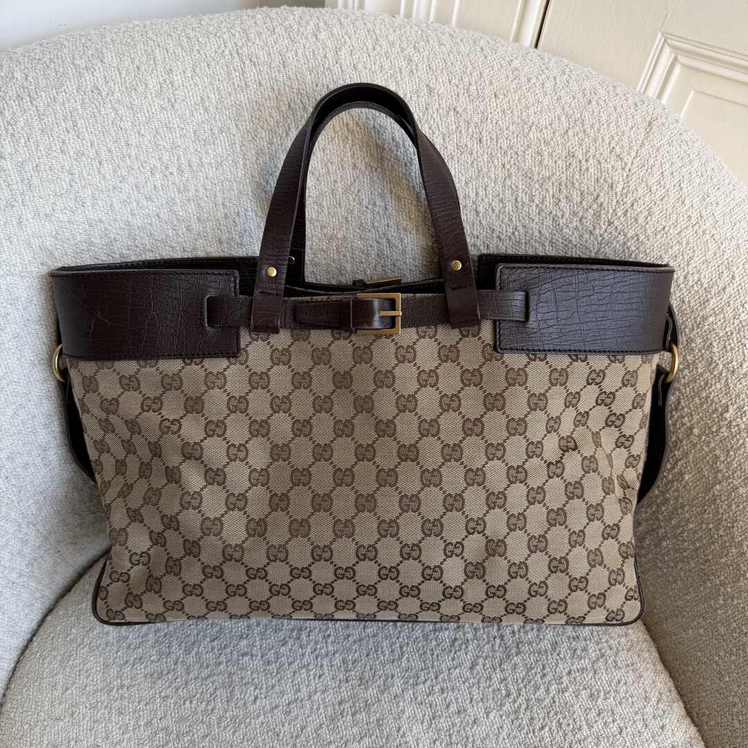 Gucci GG Canvas Belted Brown Tote Bag