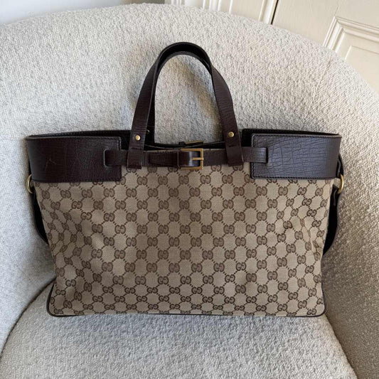 Gucci GG Canvas Belted Brown Tote Bag