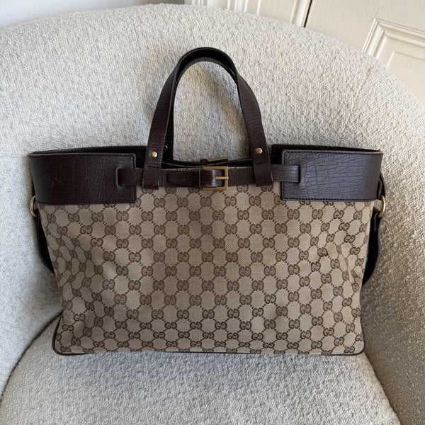 Gucci GG Canvas Belted Brown Tote Bag