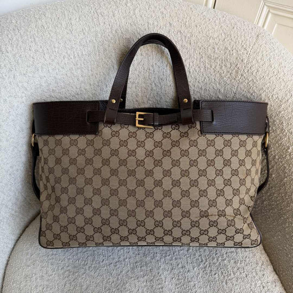 Gucci GG Canvas Belted Brown Tote Bag