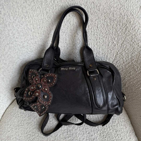 Archive Miu Miu Black Leather Flower Shoulder Bag