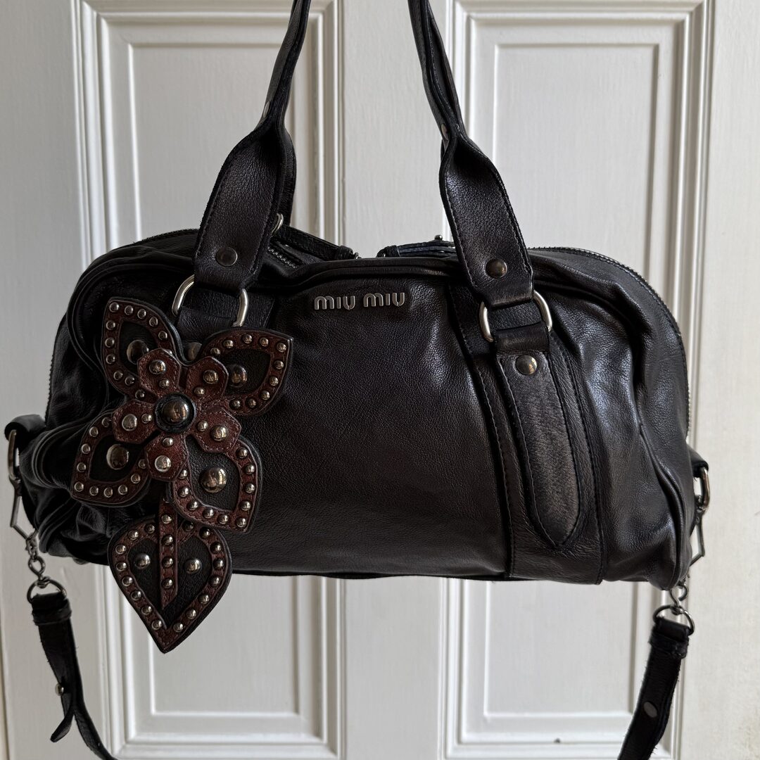 Archive Miu Miu Black Leather Flower Shoulder Bag