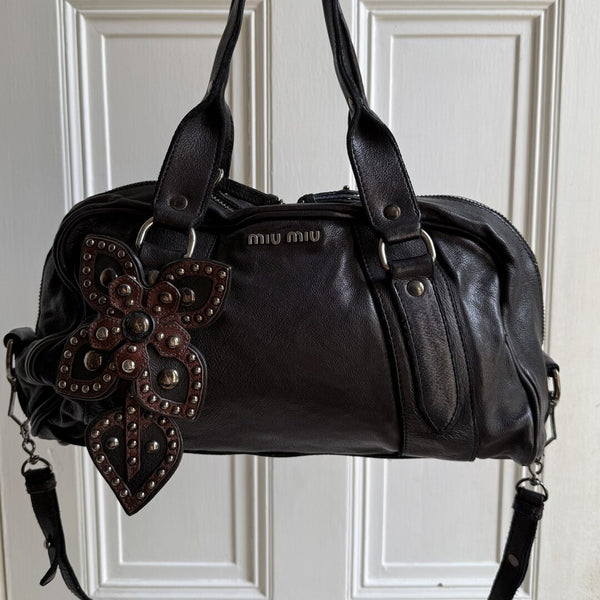 Archive Miu Miu Black Leather Flower Shoulder Bag
