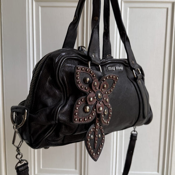 Archive Miu Miu Black Leather Flower Shoulder Bag