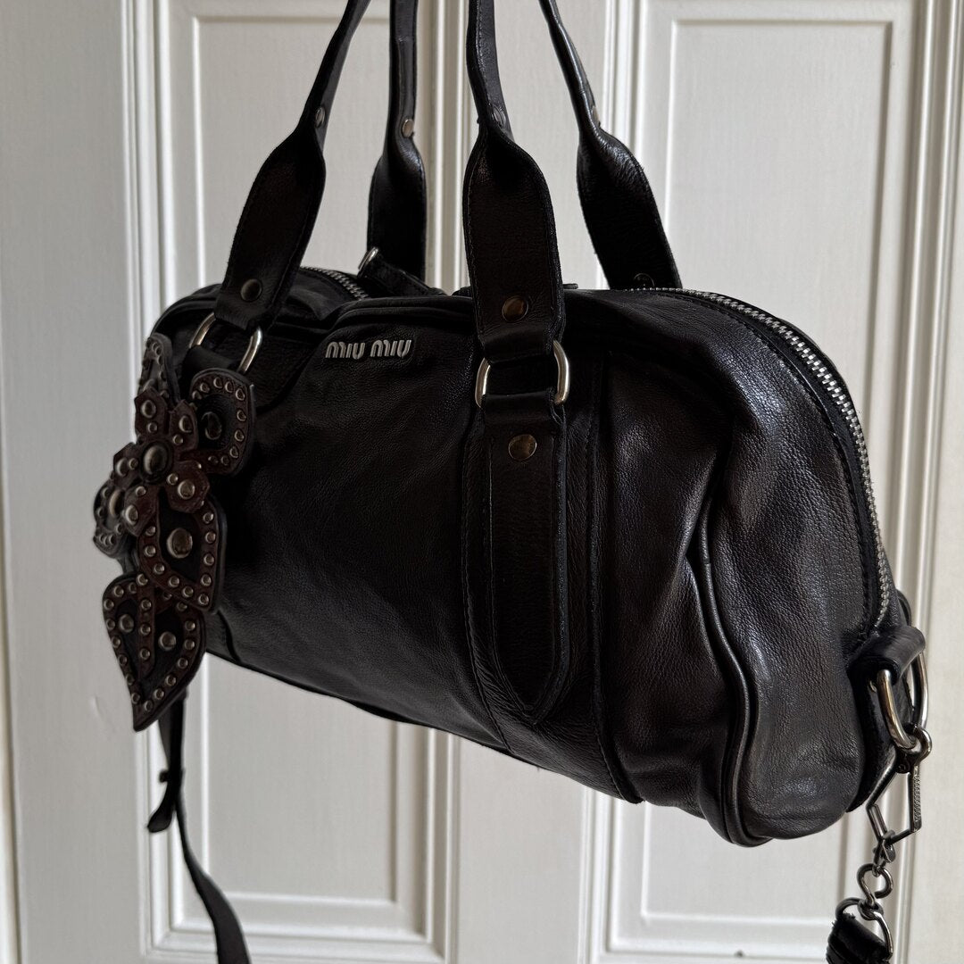 Archive Miu Miu Black Leather Flower Shoulder Bag