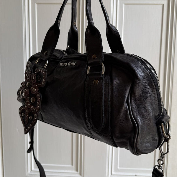 Archive Miu Miu Black Leather Flower Shoulder Bag