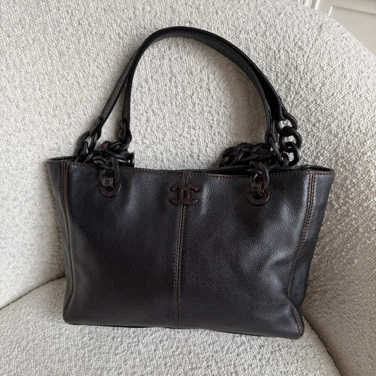 Chanel CC Caviar Leather Wood Chain Dark Brown Tote Bag