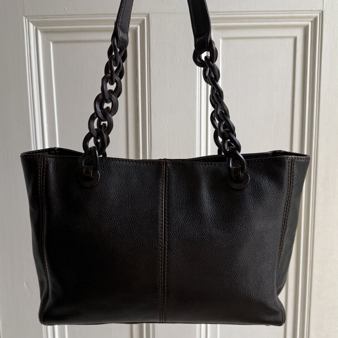Chanel CC Caviar Leather Wood Chain Dark Brown Tote Bag