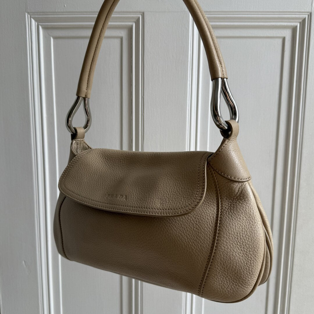 2003 Prada Hobo Leather Beige Shoulder Bag