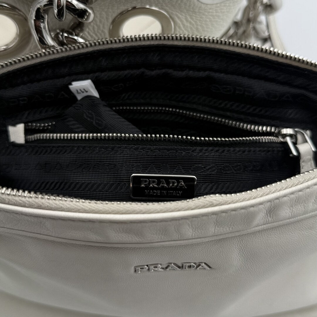 2001 Prada Grommet White Leather Chain Shoulder Bag