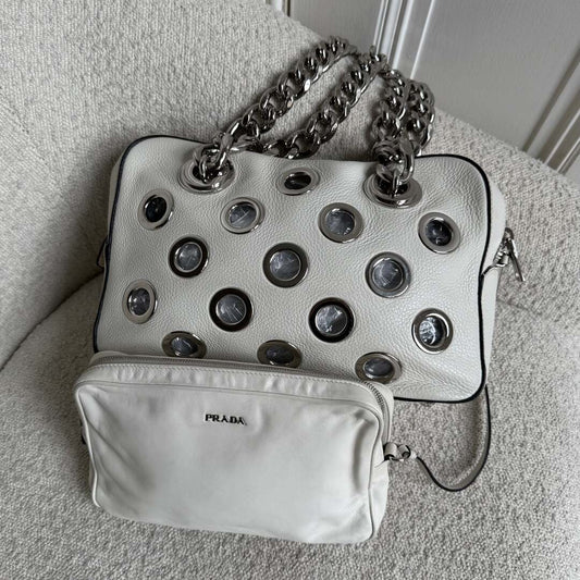 2001 Prada Grommet White Leather Chain Shoulder Bag