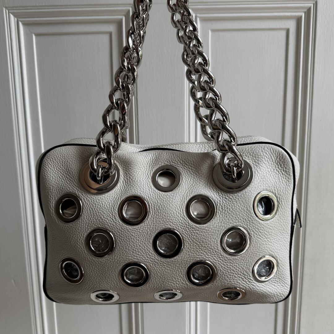 2001 Prada Grommet White Leather Chain Shoulder Bag