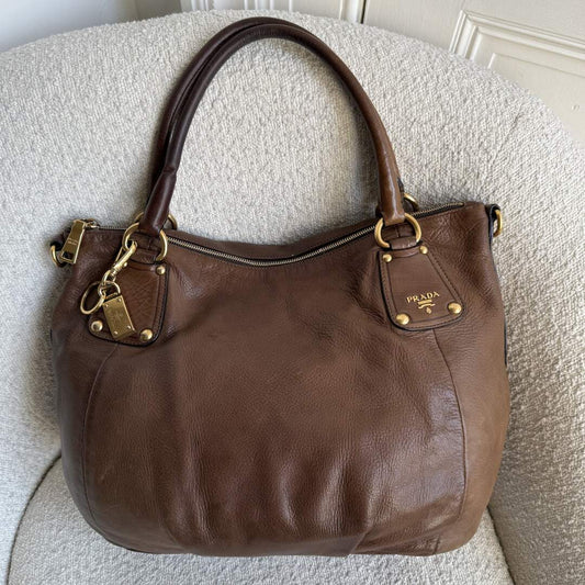 2009 Prada Cervo Shine Brown Leather Shoulder Bag