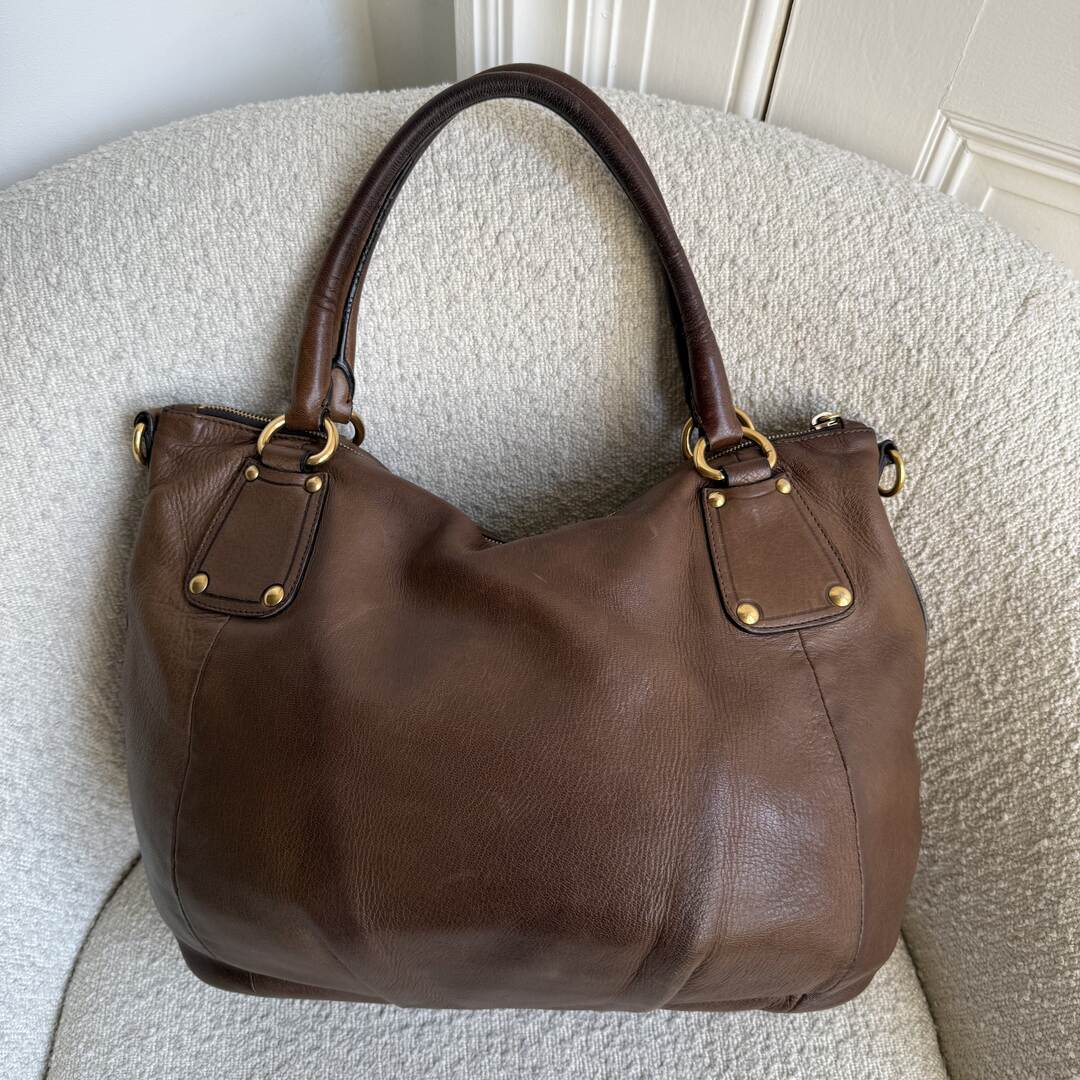 2009 Prada Cervo Shine Brown Leather Shoulder Bag