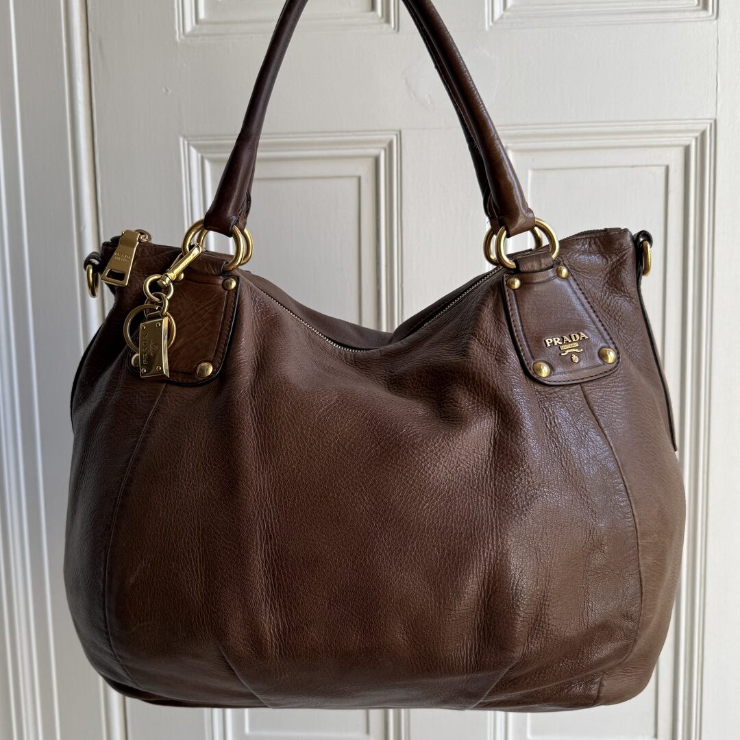 2009 Prada Cervo Shine Brown Leather Shoulder Bag
