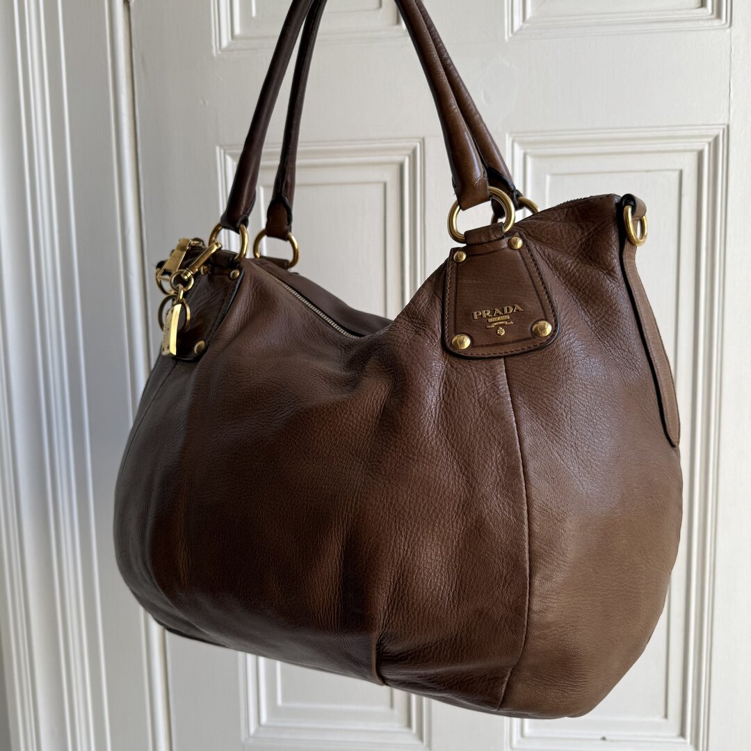 2009 Prada Cervo Shine Brown Leather Shoulder Bag