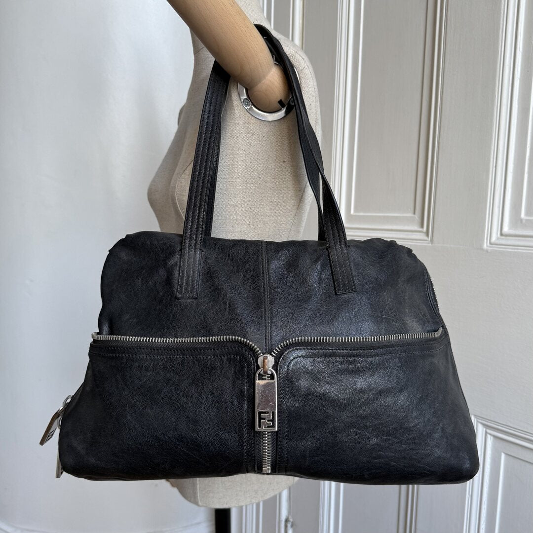 Fendi Unzipped Black Leather Shoulder Bag