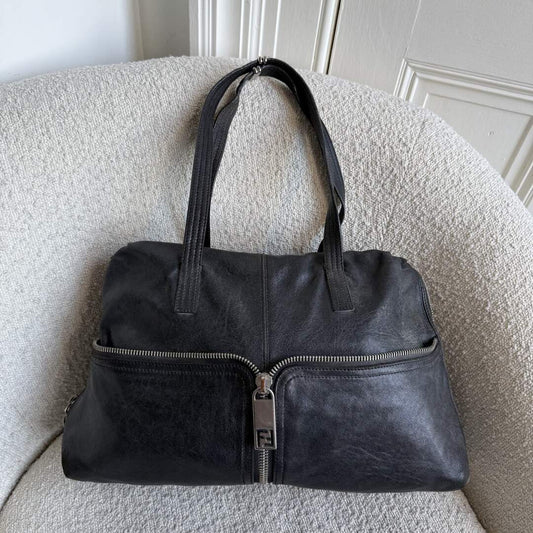 Fendi Unzipped Black Leather Shoulder Bag