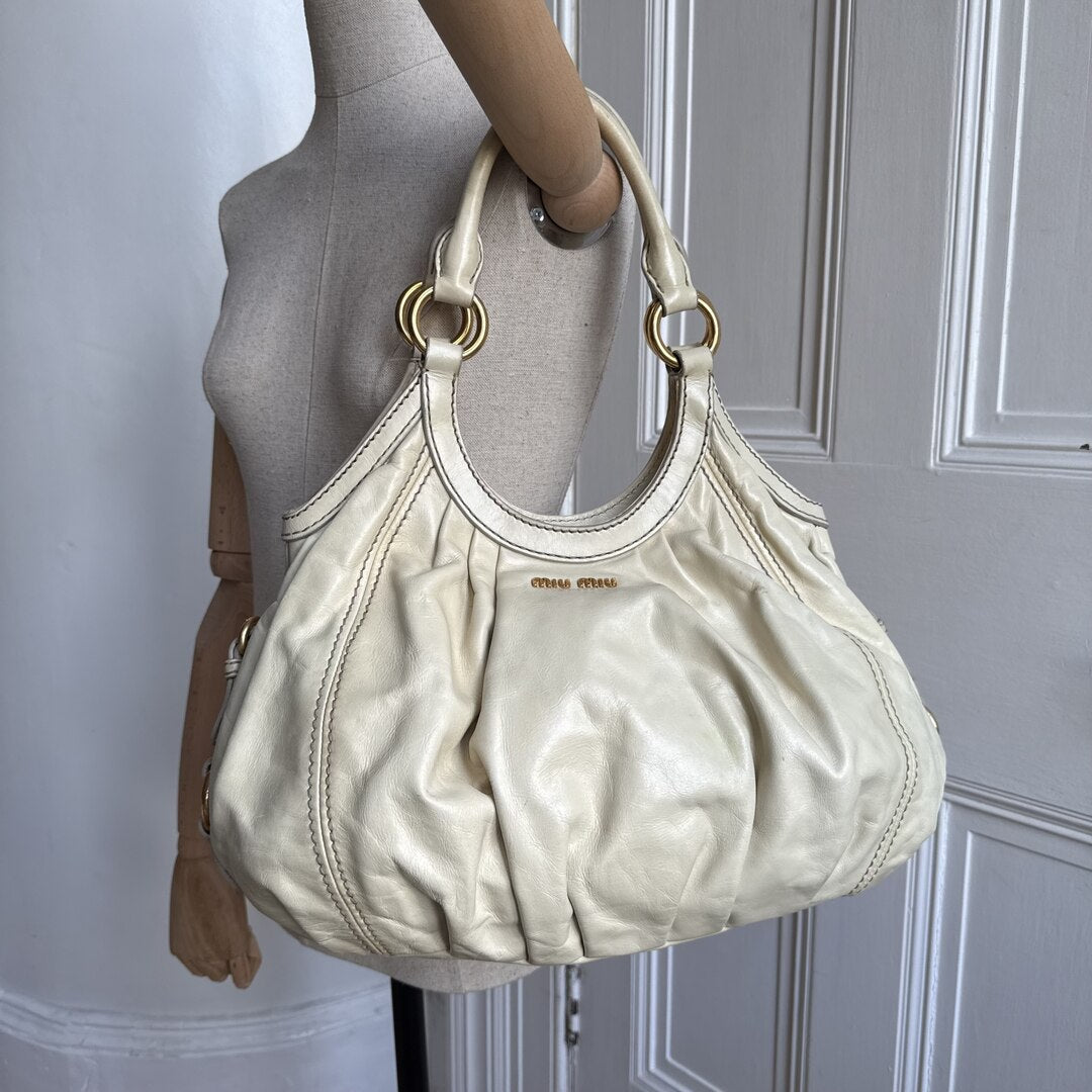 Miu Miu Hobo Leather Beige Shoulder Bag