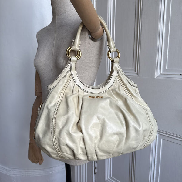 Miu Miu Hobo Leather Beige Shoulder Bag