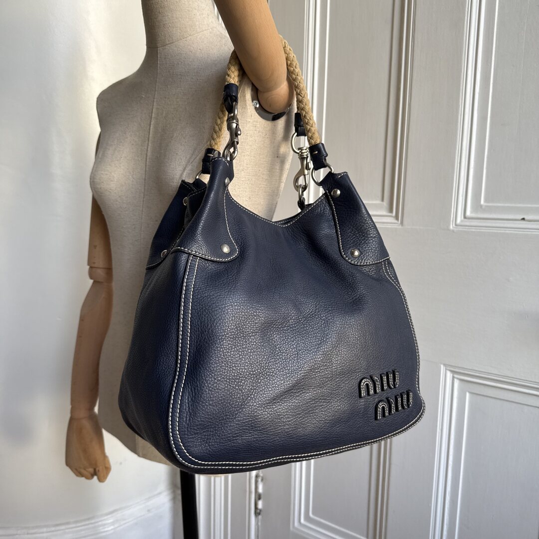 Rare Miu Miu Hobo Leather Navy Shoulder Bag