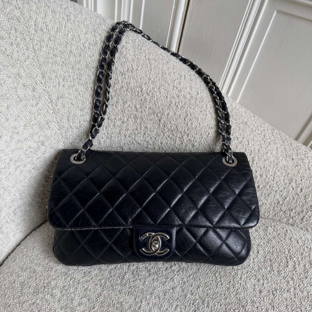 2014 Chanel CC Classic Lambskin Dark Blue Flap Shoulder Bag