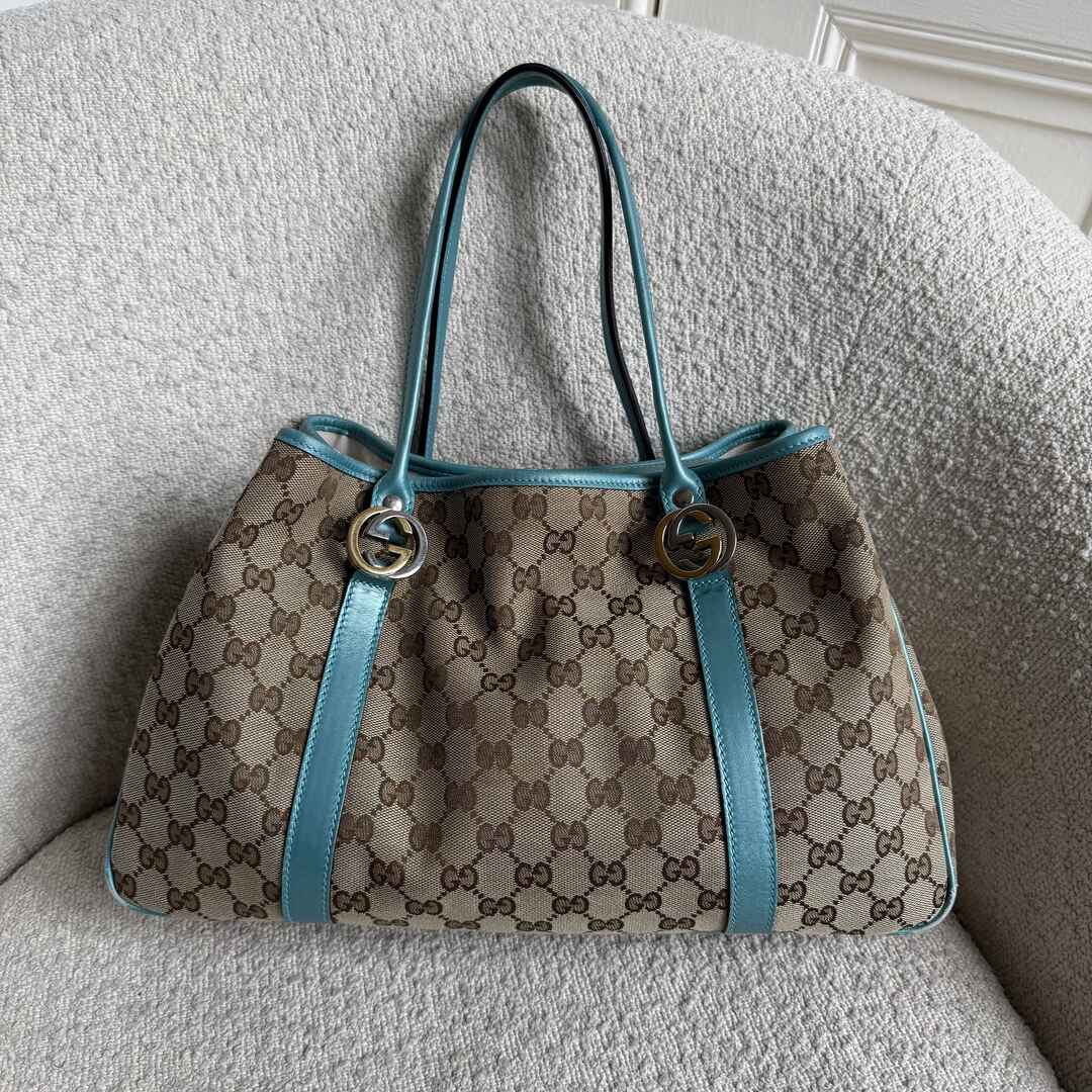 Gucci GG Twins Blue Leather Tote Bag