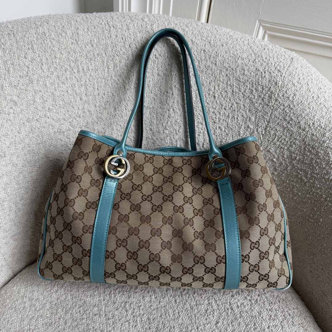 Gucci GG Twins Blue Leather Tote Bag