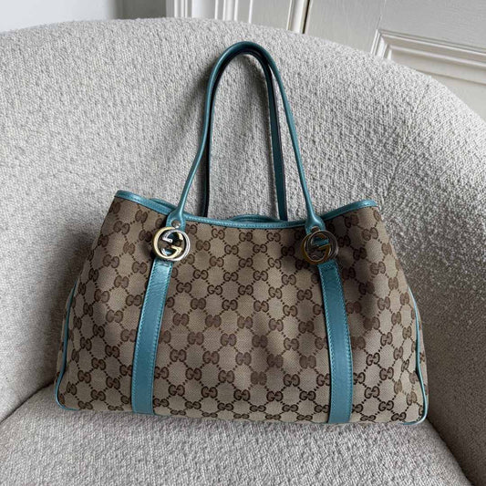 Gucci GG Twins Blue Leather Tote Bag