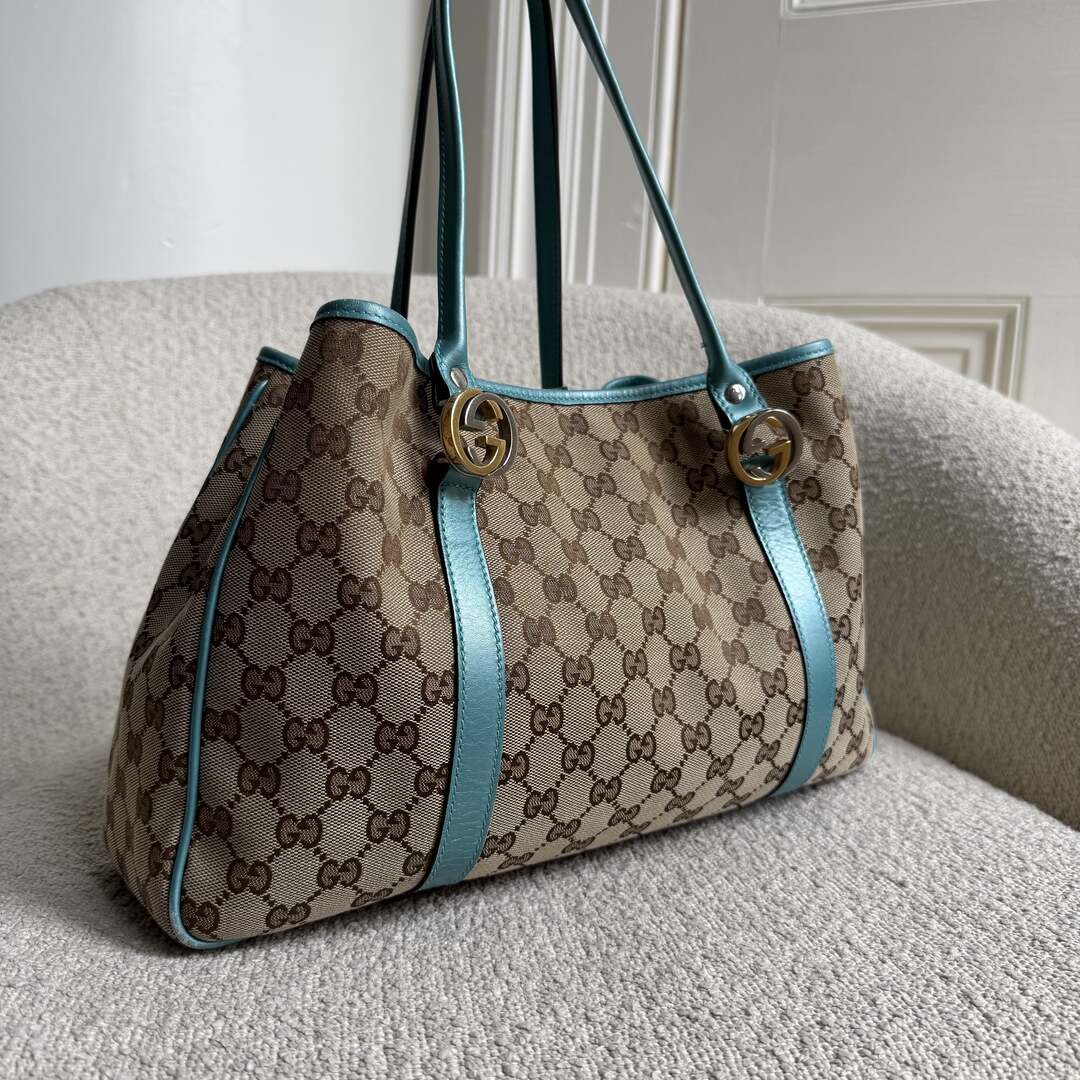 Gucci GG Twins Blue Leather Tote Bag