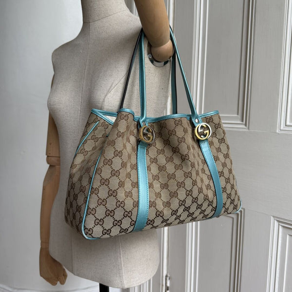 Gucci GG Twins Blue Leather Tote Bag