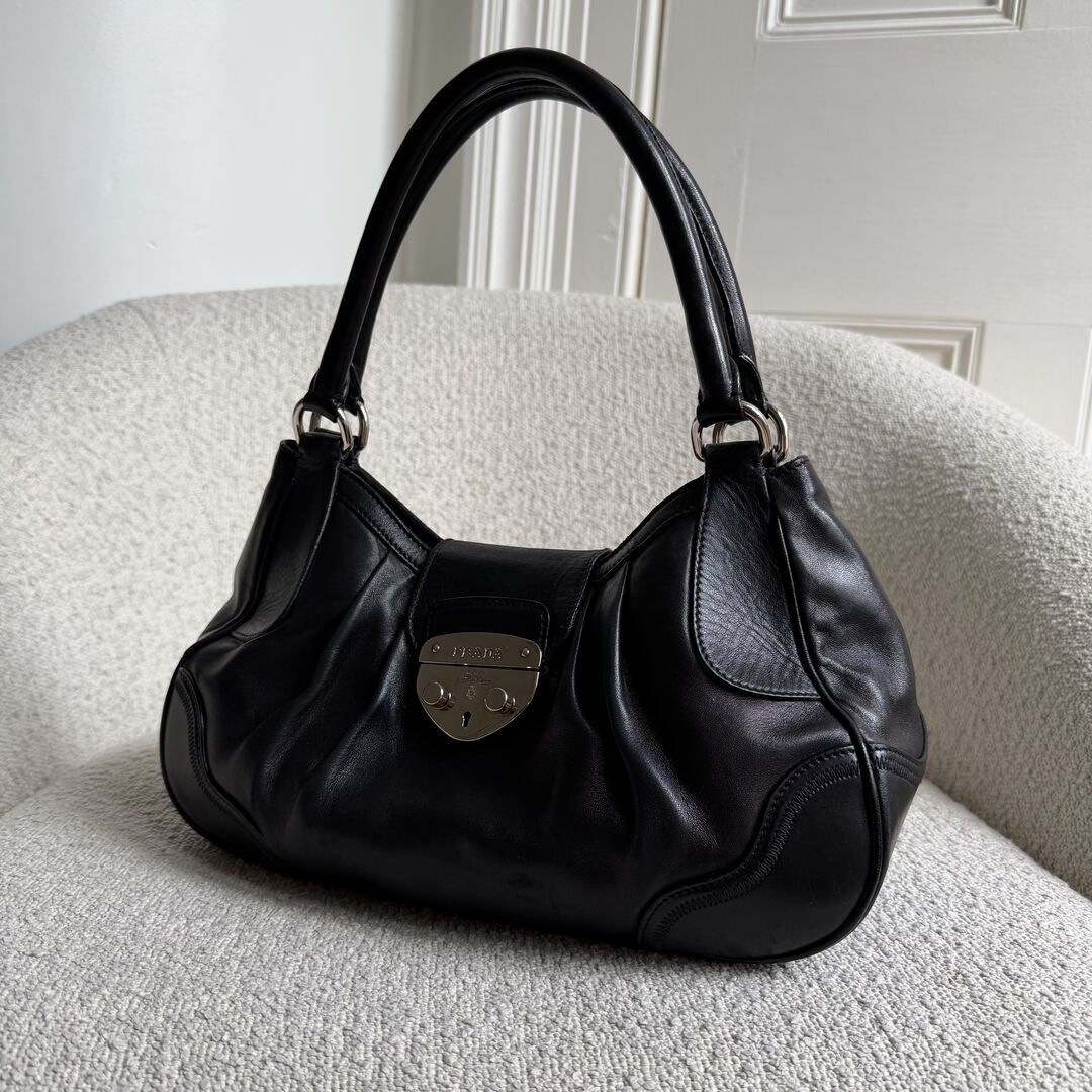 Prada Vitello Daino Hobo Leather Black Shoulder Bag