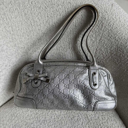 Gucci Guccissima Princy Metallic Silver Leather Shoulder Bag