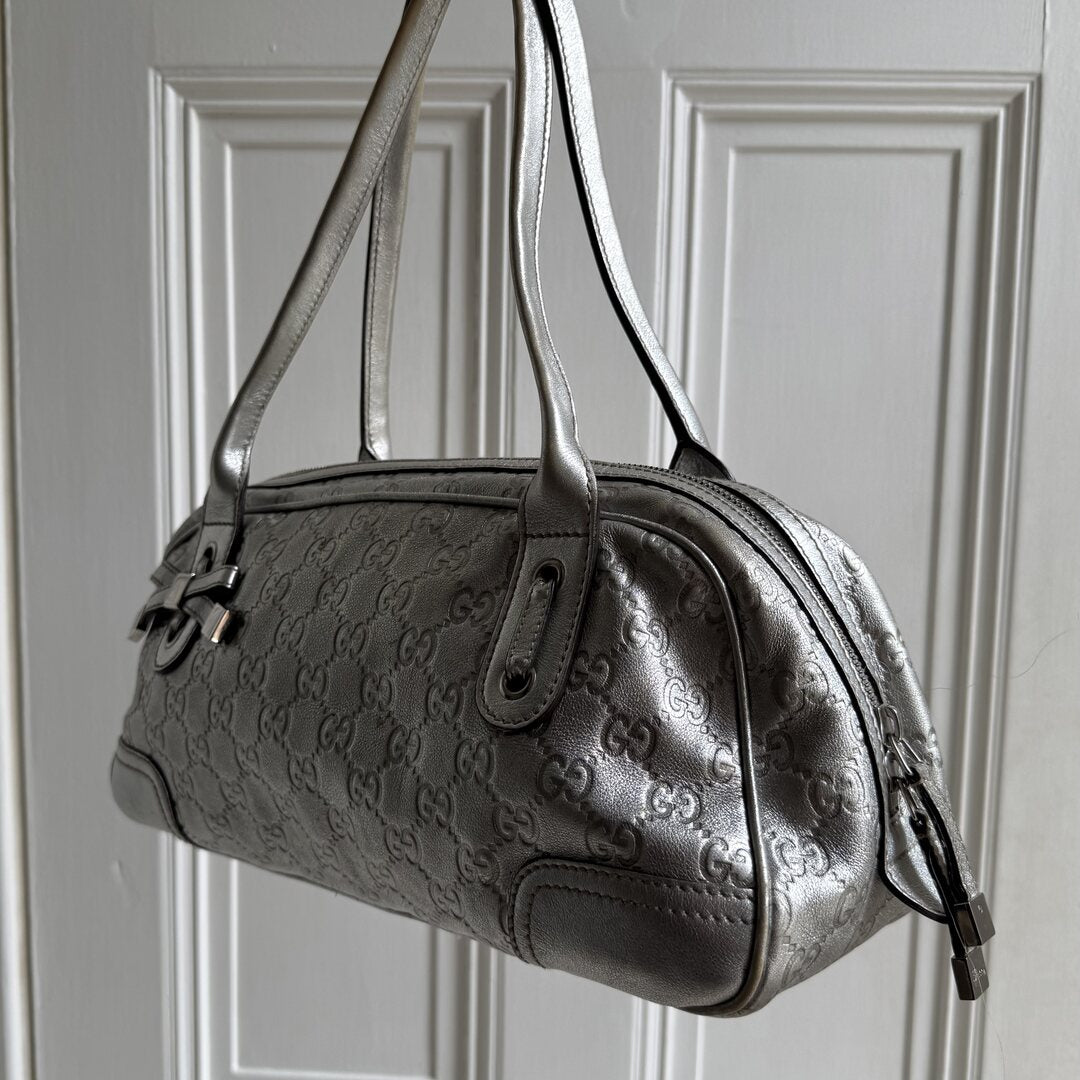 Gucci Guccissima Princy Metallic Silver Leather Shoulder Bag