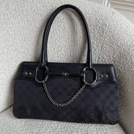 Gucci GG Canvas Horsebit Black Shoulder Bag