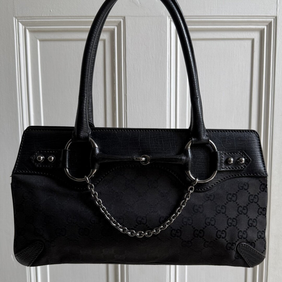 Gucci GG Canvas Horsebit Black Shoulder Bag