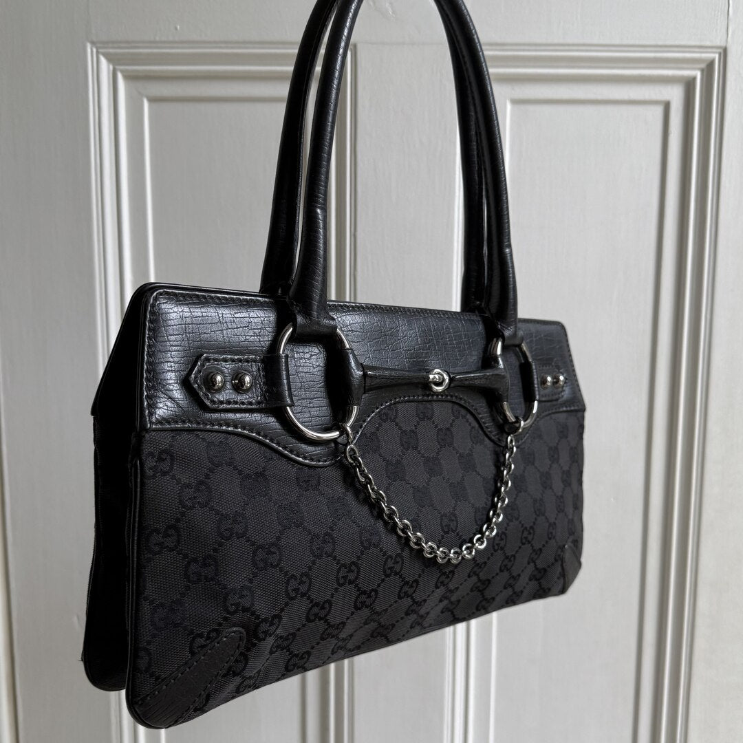 Gucci GG Canvas Horsebit Black Shoulder Bag