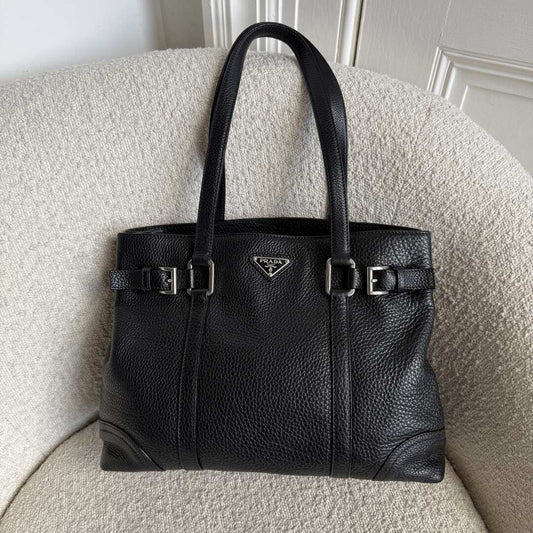Prada Vitello Daino Leather Black Tote Bag